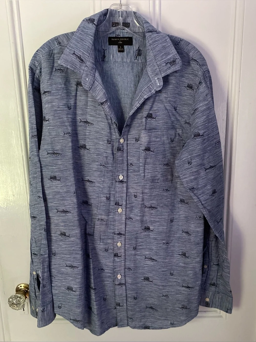 Banana Republic Shirt Mens L 100% Linen Slim Fit Button Blue Fish Print Long Slv